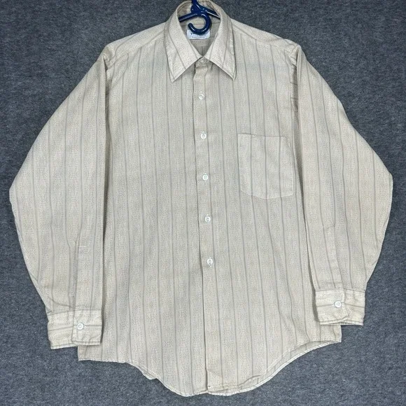 VTG Manhattan Torque Shirt Mens M 15-32 Beige Geometric Stripe 60s 70s Button up - Picture 2 of 8